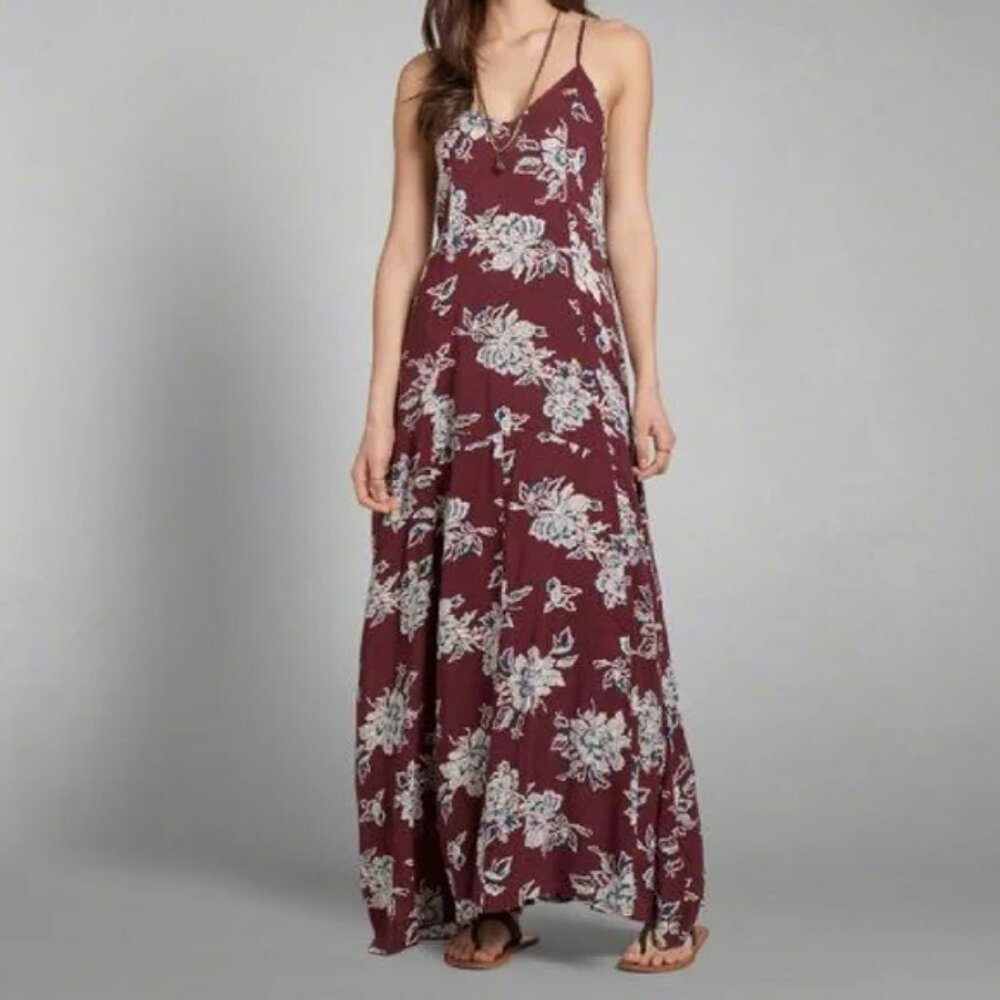 Abercrombie & Fitch Maroon White Floral Maxi Dress Spaghetti Strap